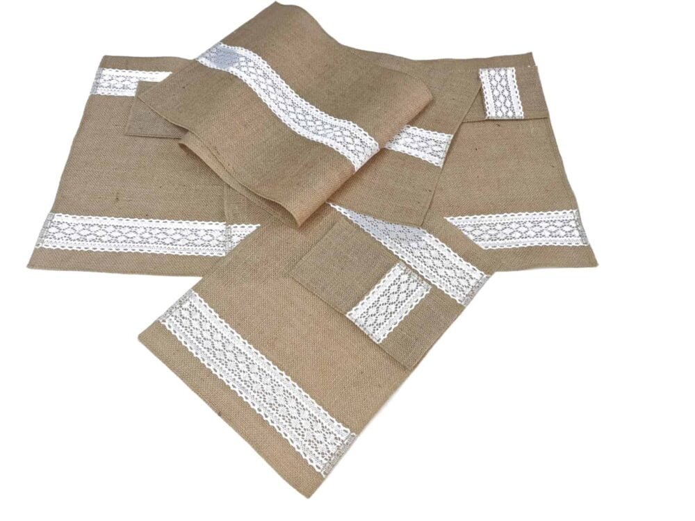 Set Traversa Masa din Iuta Naturala Cu Dantela Din Bumbac (6,8,12)