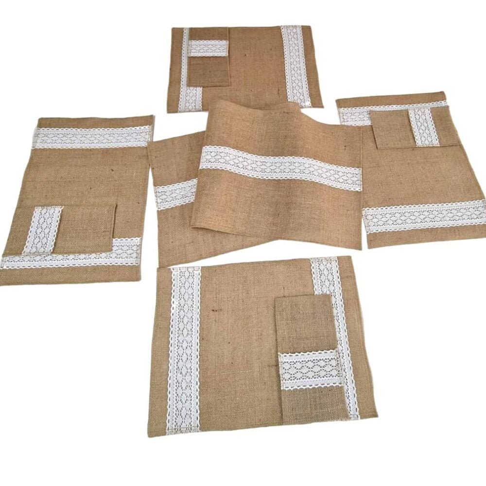Set Traversa Masa din Iuta Naturala Cu Dantela Din Bumbac (6,8,12)