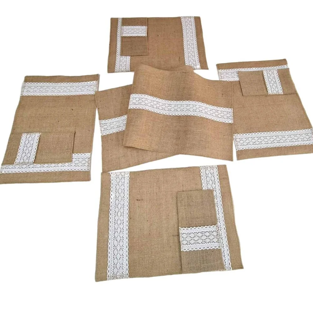 Set Traversa Masa din Iuta Naturala Cu Dantela Din Bumbac (6,8,12)