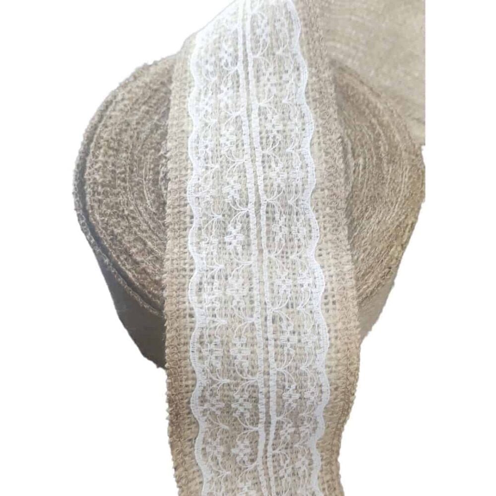 Panglica/Banda din iuta naturala cu dantela , Latime 5cm, Lungime 50m