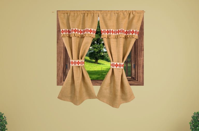 Perdele Rustice din Iuta Natur cu Motiv Traditional