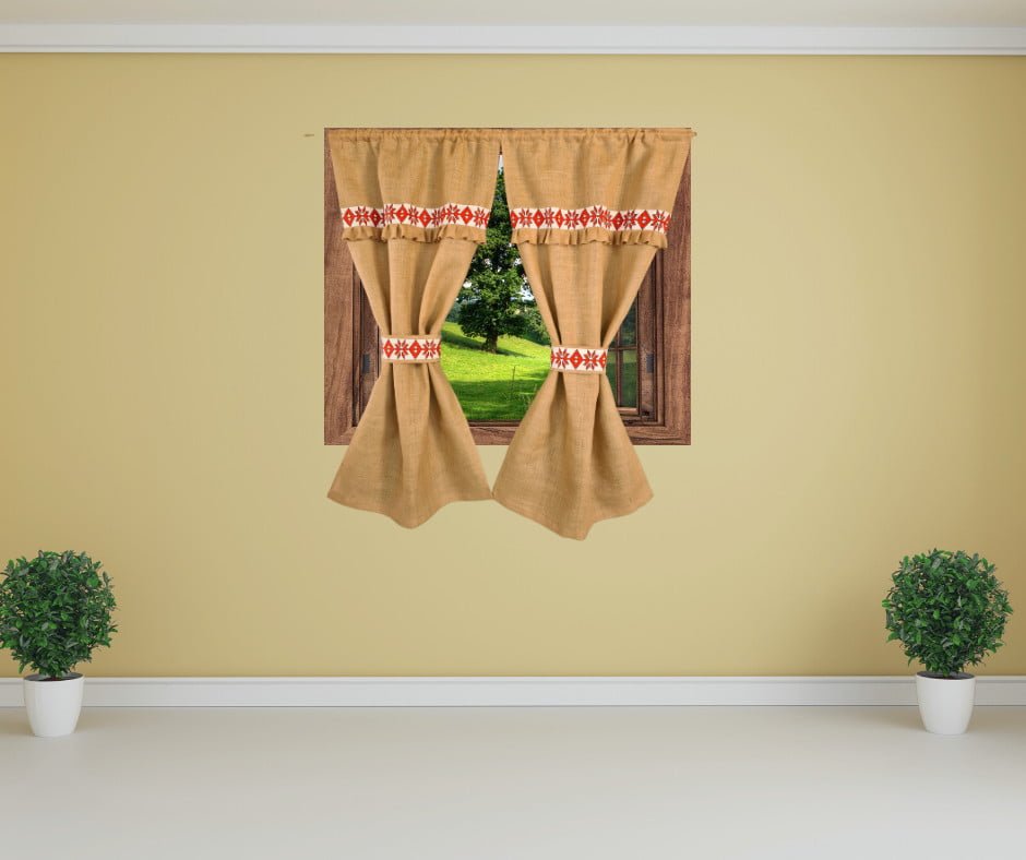 Perdele Rustice din Iuta Natur cu Motiv Traditional