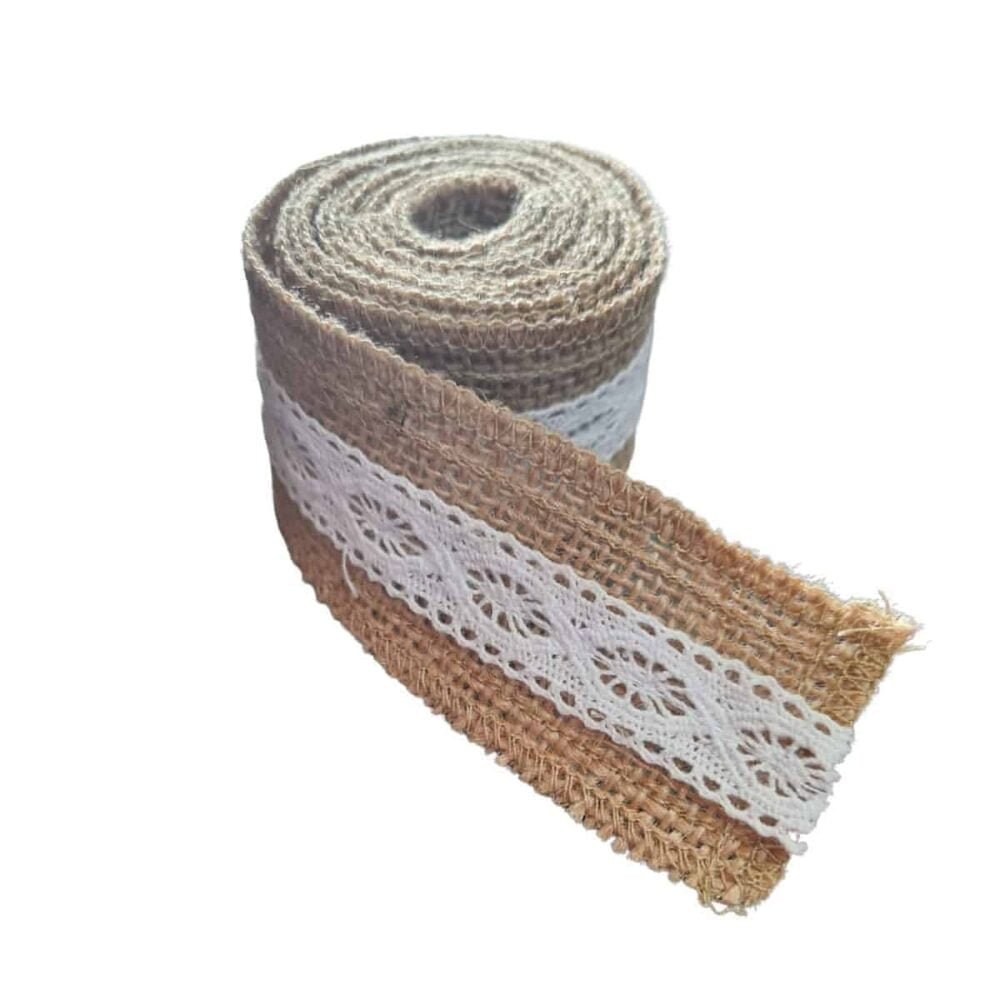 Panglica din iuta naturala cu dantela din bumbac, Latime 3cm, Lungime 2m