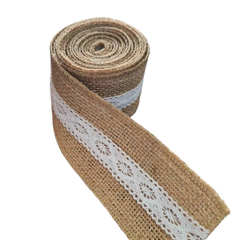 Untitled design(43) Panglica din iuta naturala cu dantela din bumbac, Latime 5cm, Lungime 10m