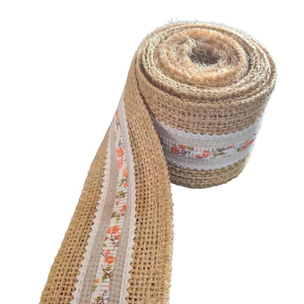 Panglica din iuta naturala cu decoratiune florala, Latime 5cm Lungime 2m