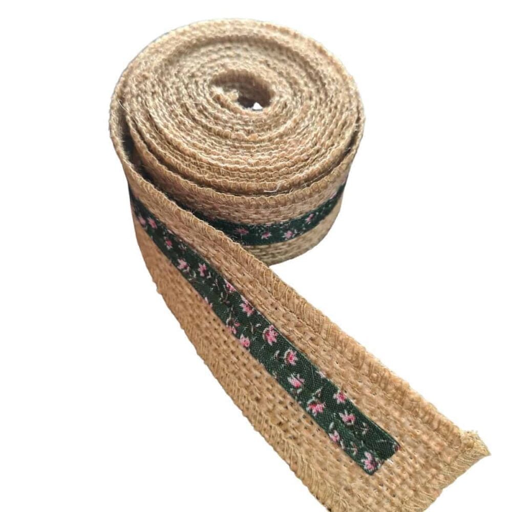 Panglica din iuta naturala cu decoratiune florala, Latime 3cm Lungime 2m