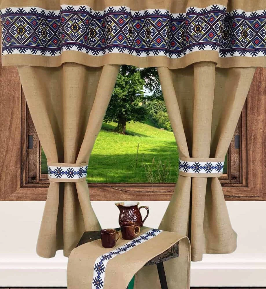 Perdele Rustice din Iuta cu Motive Traditionale Albastru