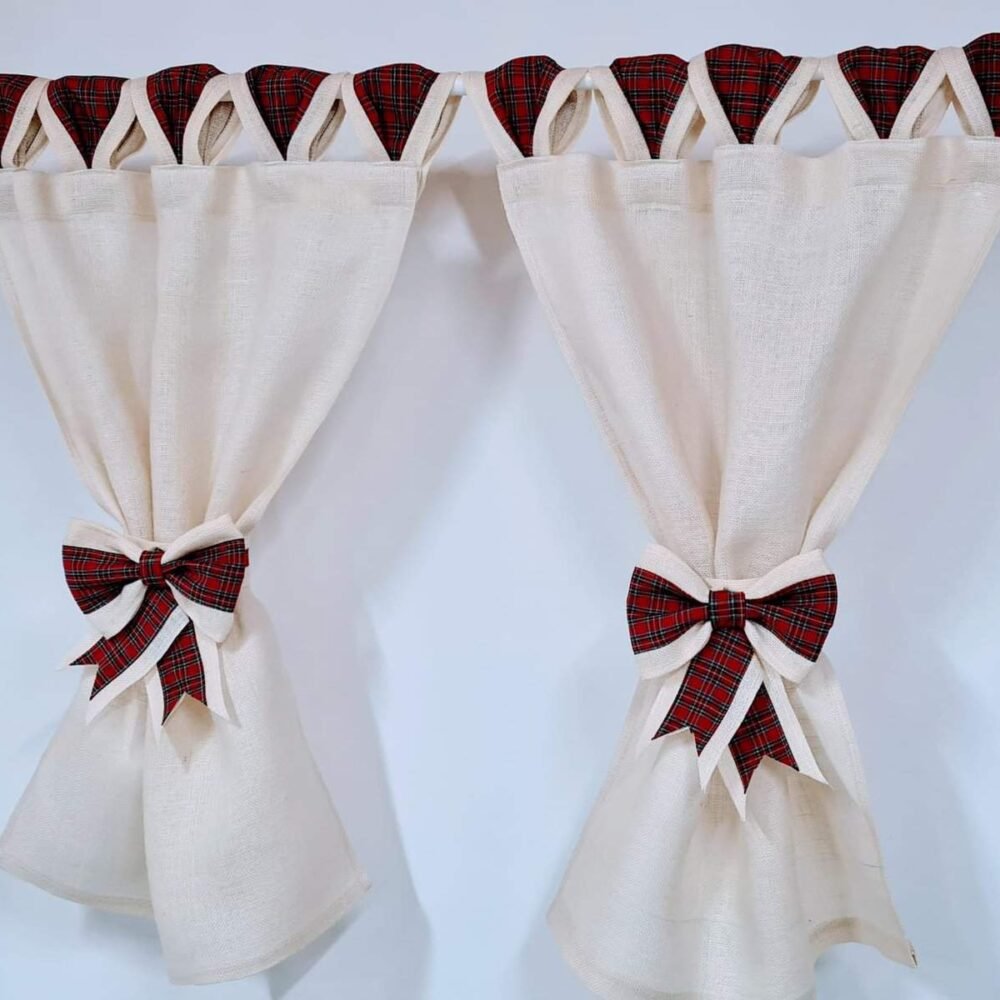 Perdele Rustice din Iuta Alba cu Tartan Scotian