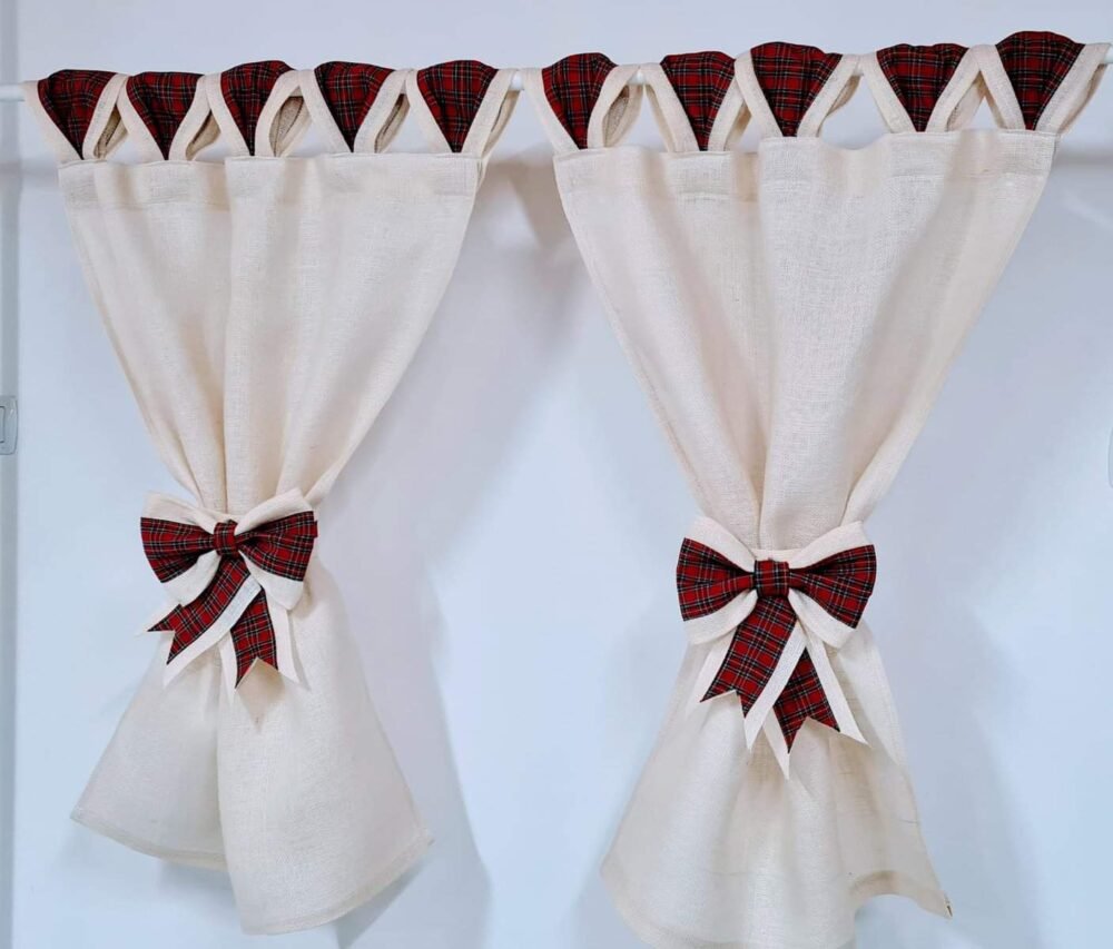 Perdele Rustice din Iuta Alba cu Tartan Scotian