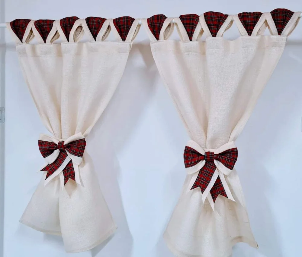 Perdele Rustice din Iuta Alba cu Tartan Scotian