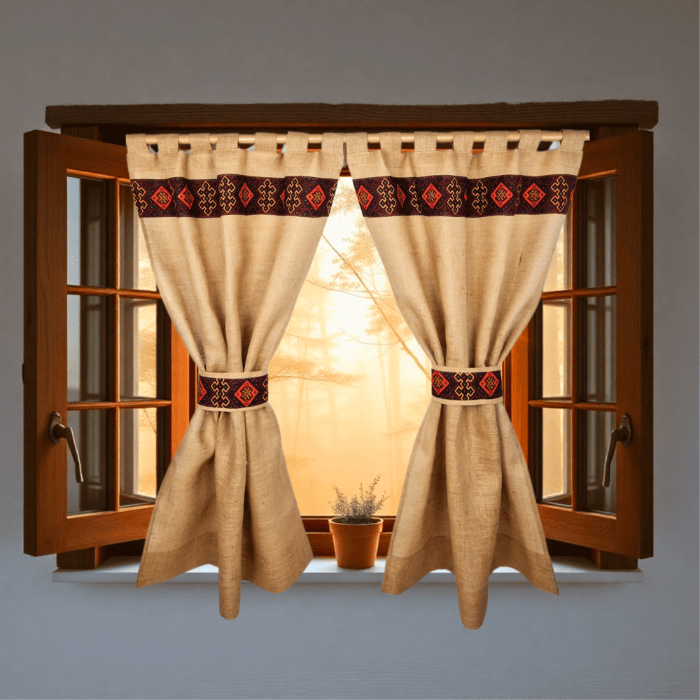 Perdele Rustice din Iută Naturală cu Motive Traditionale Maro
