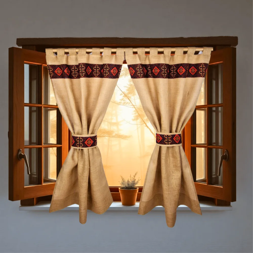 Untitled design (10) Perdele Rustice din Iută Naturală cu Motive Traditionale Maro