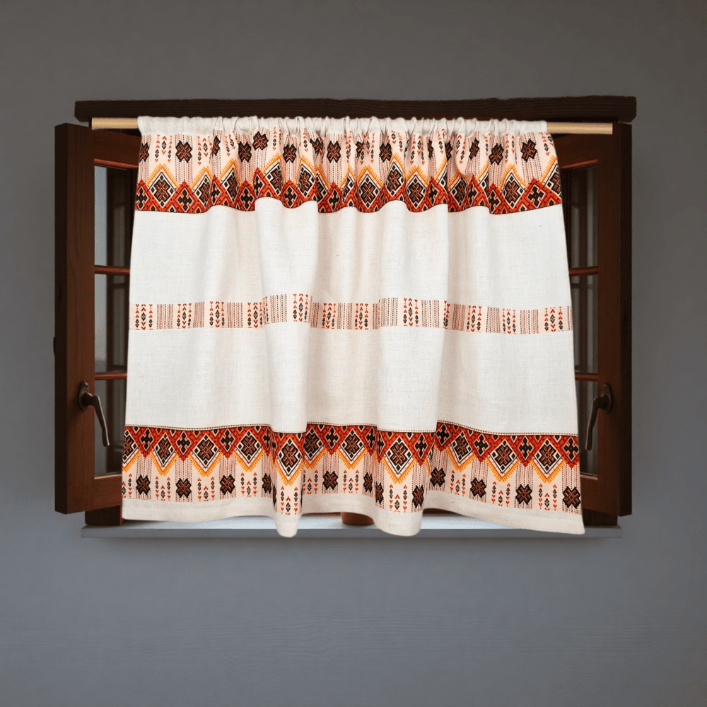 Perdele Rustice din Iută Alba cu Motive Traditionale Maro