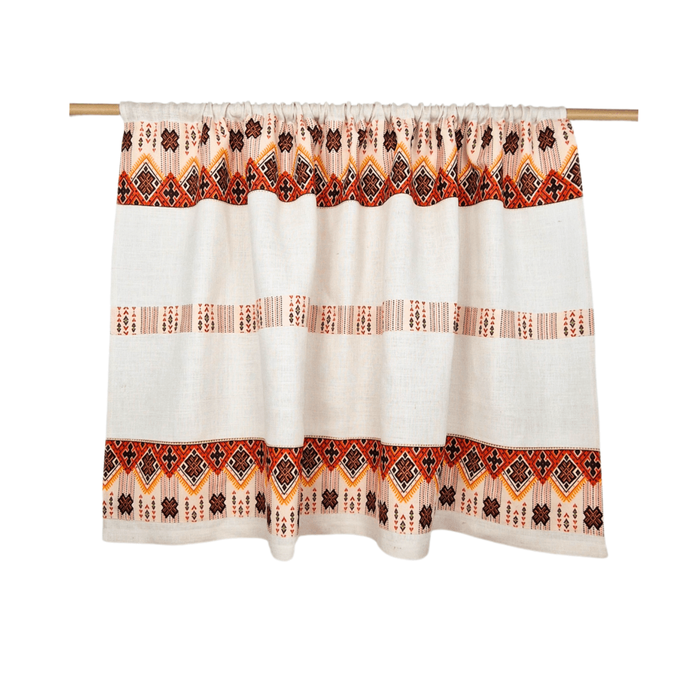 Perdele Rustice din Iută Alba cu Motive Traditionale Maro