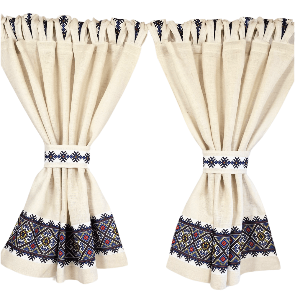 Perdele Rustice din Iută Alba cu Motive Traditionale Albastru