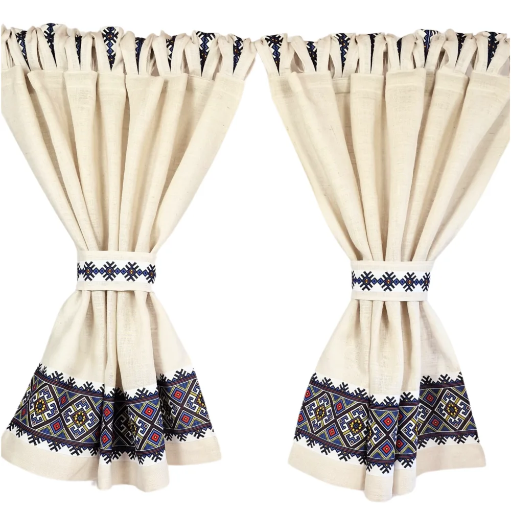 Perdele Rustice din Iută Alba cu Motive Traditionale Albastru