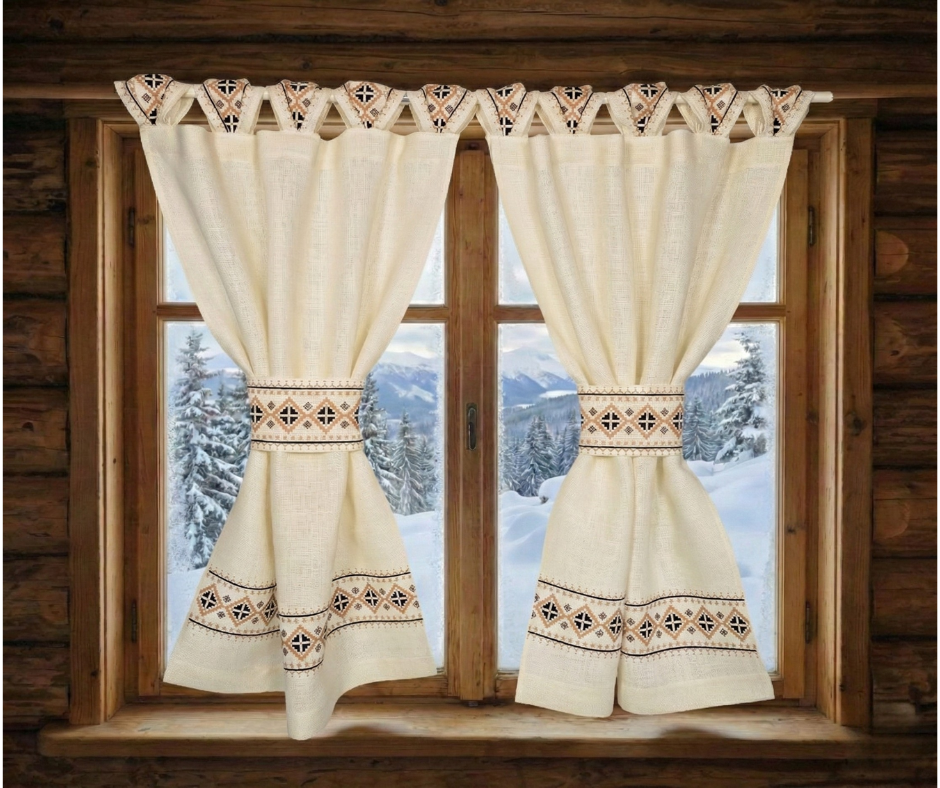 Perdele Rustice din Iuta Alba cu Bride si Motive Traditionale