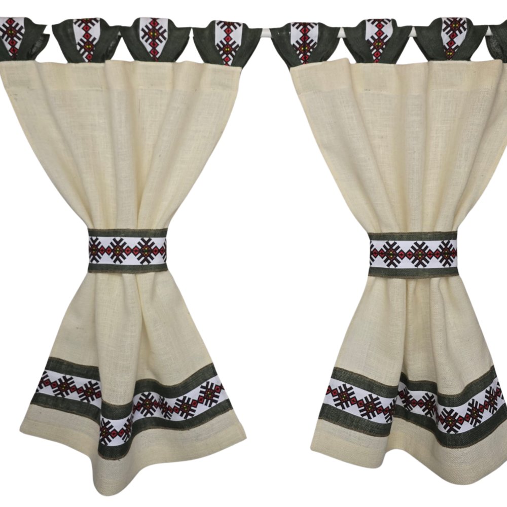 Perdele Rustice din Iută Alba cu Motive Traditionale Model Crisral