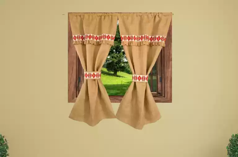 Perdele Rustice din Iuta Natur cu Motiv Traditional