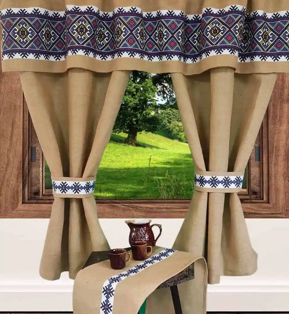 trad patrat Perdele Rustice din Iuta cu Motive Traditionale Albastru