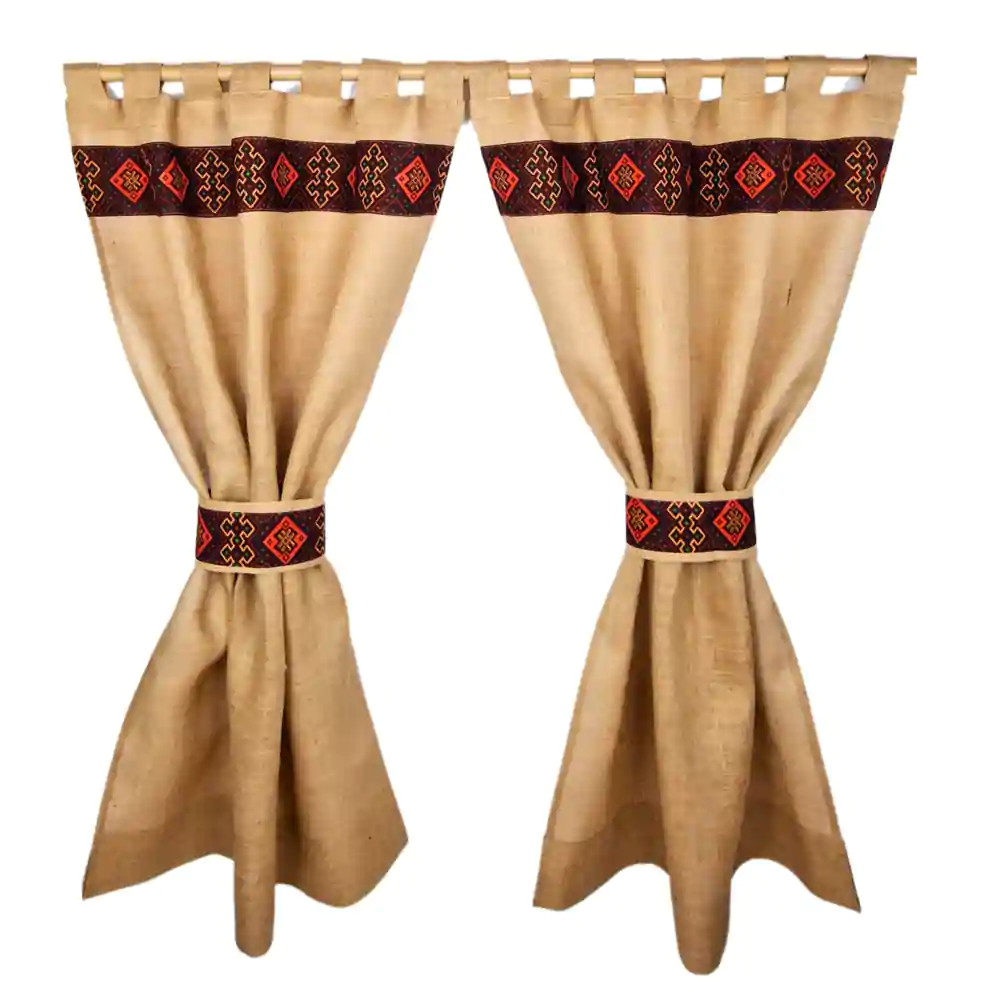 Untitled design (11) Perdele Rustice din Iută Naturală cu Motive Traditionale Maro