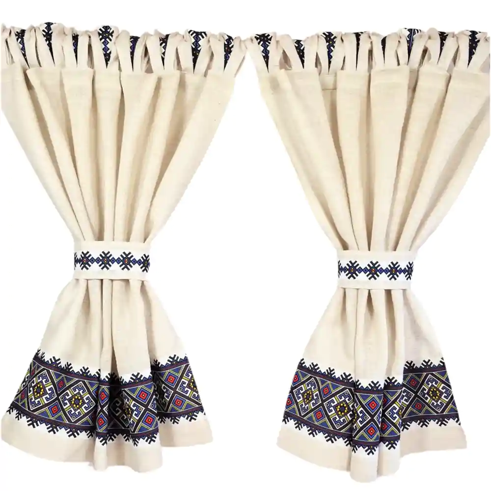 Untitled design (4) Perdele Rustice din Iută Alba cu Motive Traditionale Albastru